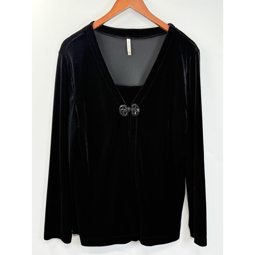 White Stag Faux Twin Set Top Women’s Black Large Velvet Look Open Front Classic